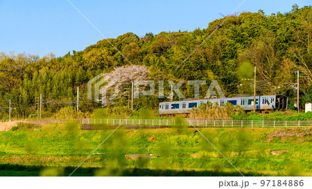 春の季節：ローカル線を走る列車風景の写真素材 [97184886] - PIXTA