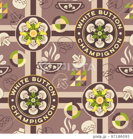 Checkered background with mushrooms. Logo, elements in simple geometric style. Seamless pattern. Good for branding, decoration of food package, cover design, decorative print, background. Checkered background with mushrooms. Logo, elements in simple geometric style. Seamless pattern. Good for branding, decoration of food package, cover design, decorative print, background. 97186095