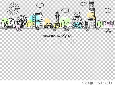 手書きの大阪の街並みと人々のシンプル線画 97187813