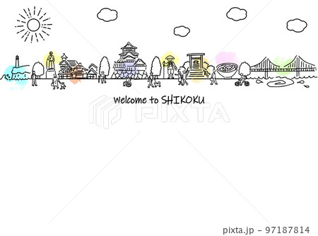 手書きの四国街並みと人々のシンプル線画 97187814