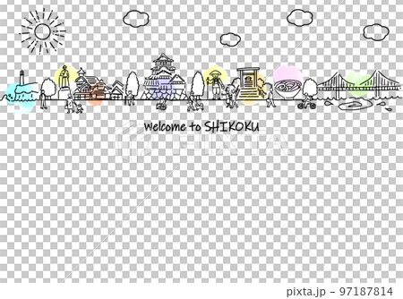 手書きの四国街並みと人々のシンプル線画 97187814