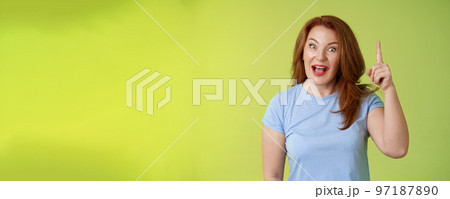 Got excellent idea solution up there. Excited smart creative middle-aged mature woman ginger hair raise index finger eureka pointing top explain offer terms smiling describe cool advertisement Got excellent idea solution up there. Excited smart creative middle-aged mature woman ginger hair raise index finger eureka pointing top explain offer terms smiling describe cool advertisement 97187890