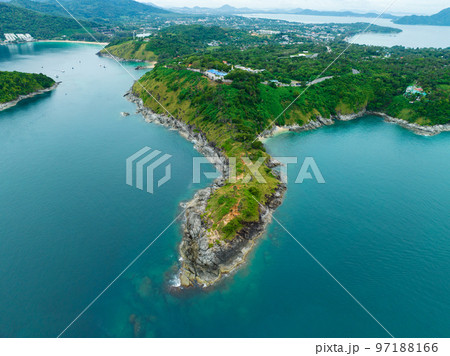 Amazing landscape nature scenery view of Beautiful tropical sea with Sea coast view in summer season image by Aerial view drone top down, high angle view Located at Laem Promthep Phuket Thailand 97188166