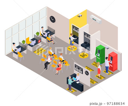 Social Distancing In Bank Isometric Background Social Distancing In Bank Isometric Background 97188634