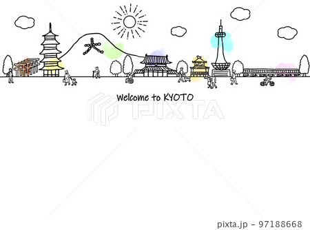 手書きの京都の街並みと人々のシンプル線画 手書きの京都の街並みと人々のシンプル線画 97188668