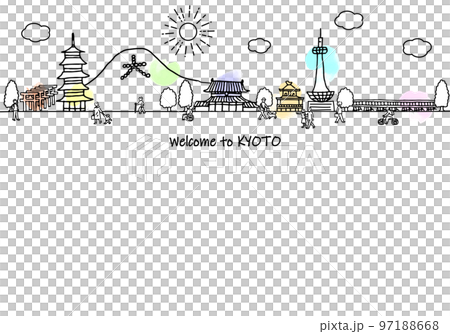 手繪京都城市景觀和簡單的人物線條畫 97188668