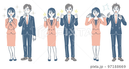 ビジネススーツの男女 表情ポーズの全身イラストセット(憧れ ガッツポーズ びっくり) ビジネススーツの男女 表情ポーズの全身イラストセット(憧れ ガッツポーズ びっくり) 97188669