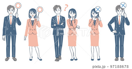 ビジネススーツの男女 表情ポーズの全身イラストセット(マルバツ〇×の札 疑問) ビジネススーツの男女 表情ポーズの全身イラストセット(マルバツ〇×の札 疑問) 97188678