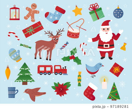 Christmas holiday toys, gift icons. Drum and xmas tree, train and deer, bird and snowflakes, gingerbread and mistletoe plant. Santa and cartoon decorative elements. Vector traditional utter pattern 97189281