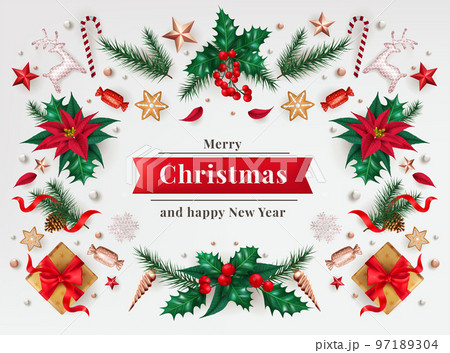 Merry christmas decor. Xmas party greeting card. Noel holiday ornament, festive winter postcard with pine, golden star, candy. Botanical frame for banner template. Vector invitation exact template Merry christmas decor. Xmas party greeting card. Noel holiday ornament, festive winter postcard with pine, golden star, candy. Botanical frame for banner template. Vector invitation exact template 97189304