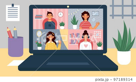 Home work, virtual video call. Remote office conference on laptop, online team group chat, business web communication. Freelance workers. Vector cartoon flat style isolated illustration, tidy concept Home work, virtual video call. Remote office conference on laptop, online team group chat, business web communication. Freelance workers. Vector cartoon flat style isolated illustration, tidy concept 97189314