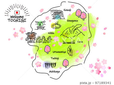 春の栃木県の観光地のシンプル線画イラストマップ（緑） 97189341