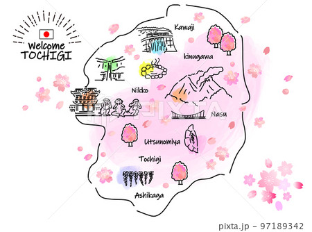 春の栃木県の観光地のシンプル線画イラストマップ(ピンク) 春の栃木県の観光地のシンプル線画イラストマップ(ピンク) 97189342