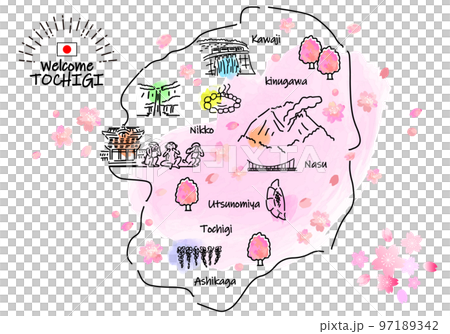 Simple line drawing illustration map of tourist spots in Tochigi prefecture in spring (pink) 97189342