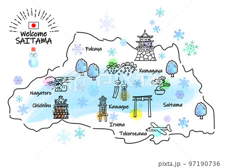 冬の埼玉県の観光地のシンプル線画イラストマップ 97190736