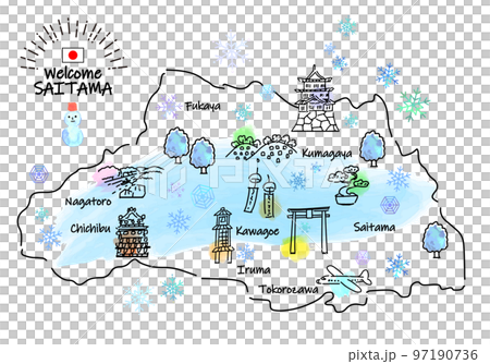冬の埼玉県の観光地のシンプル線画イラストマップ 97190736
