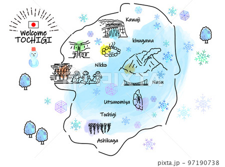 冬の栃木県の観光地のシンプル線画イラストマップ 冬の栃木県の観光地のシンプル線画イラストマップ 97190738