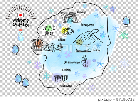 冬の栃木県の観光地のシンプル線画イラストマップ 冬の栃木県の観光地のシンプル線画イラストマップ 97190738