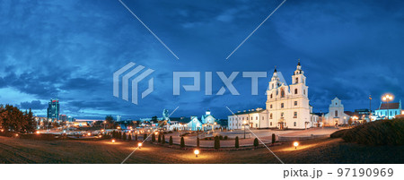 Minsk, Belarus. Illuminated Cathedral Of Holy Spirit In Minsk At Evening Or Night Street Lights . Famous Landmark. Main Orthodox Church Of Belarus At Evening. 97190969