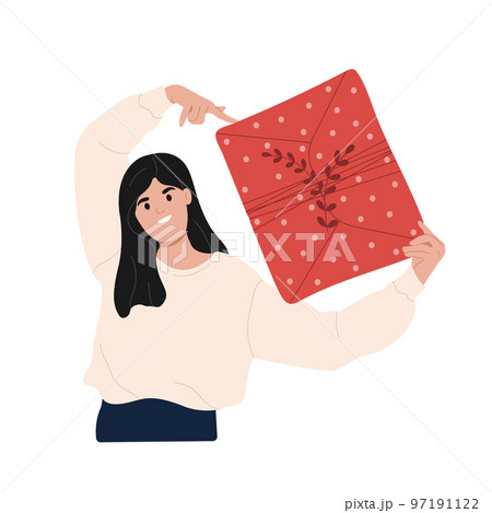 Christmas, New Year celebration. Overjoyed young woman holding a gift.Holiday gift ,giveaway, love ,congratulation. 97191122