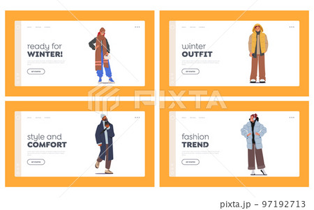 Wintertime Trends Landing Page Template. People Perform Winter Fashion Concept. Characters Wear Warm Clothes 97192713
