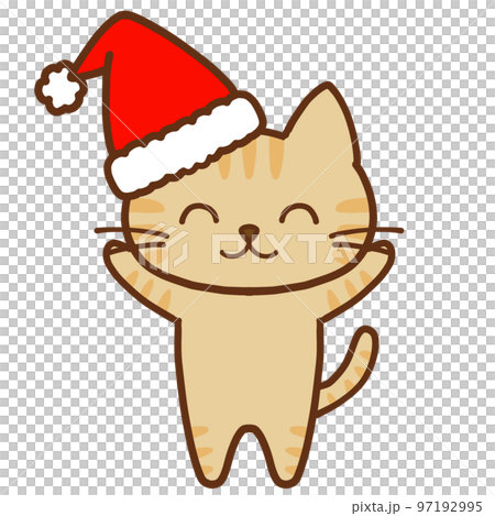 Cute brown tabby cat raising both hands with a smile on Christmas Cute brown tabby cat raising both hands with a smile on Christmas 97192995