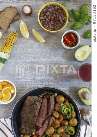 American lunch fried piece of meat and potatoes 97193192