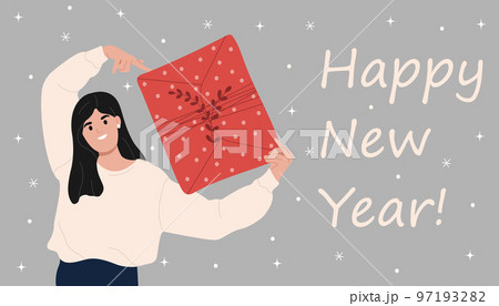 Happy New Year greeting card flat vector template.Overjoyed young woman holding a gift.Winter holiday printable banner design idea. Happy New Year greeting card flat vector template.Overjoyed young woman holding a gift.Winter holiday printable banner design idea. 97193282