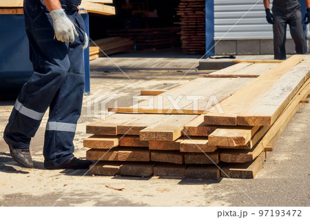 Workers wear wooden planks on sawmill or in carpentry shop. Authentic workflow. Timber harvesting 97193472