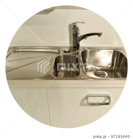 Interior of modern kitchen and stainless steel sink, tap and drain 97193640