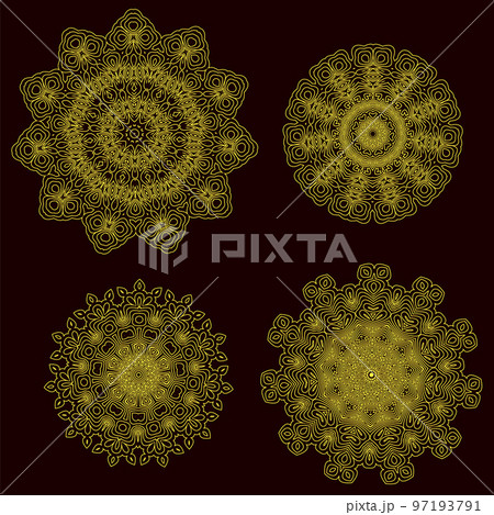 Set of Yellow Circle Geometric Ornaments. Guilloche Gold Rosettes Isolated. Ornamental Round Decor. Mandala Set 97193791