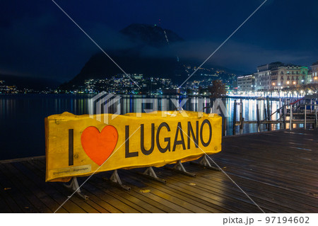 Sign    I Love  Lugano and embankment  of Lugano. 97194602