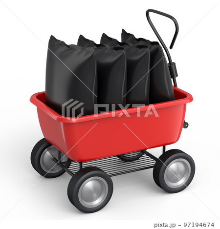 Garden wheelbarrow isolated on white background. Handcart with bags. 97194674