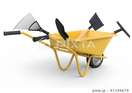 Garden wheelbarrow with garden tools like shovel, rake and fork on white. Garden wheelbarrow with garden tools like shovel, rake and fork on white. 97194679