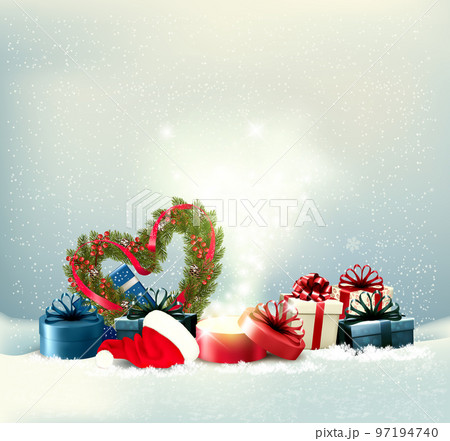 Merry Christmas and Happy New Year background with heart shaped Christmas tree branches, colorful gift boxes and a magic box. Vector Merry Christmas and Happy New Year background with heart shaped Christmas tree branches, colorful gift boxes and a magic box. Vector 97194740