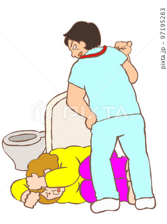 保護室で精神科看護補助スタッフから虐待を受け怯える双極性障害の女性のイラスト 保護室で精神科看護補助スタッフから虐待を受け怯える双極性障害の女性のイラスト 97195263