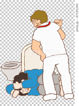 Illustration of a frightened schizophrenic woman being abused by a psychiatric nurse in a protection room Illustration of a frightened schizophrenic woman being abused by a psychiatric nurse in a protection room 97195264