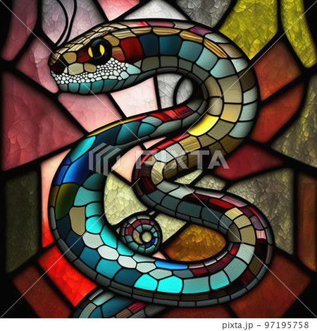 Stained glass style window with colorful snake. Generative AI. Not based on any actual scene or pattern Stained glass style window with colorful snake. Generative AI. Not based on any actual scene or pattern 97195758
