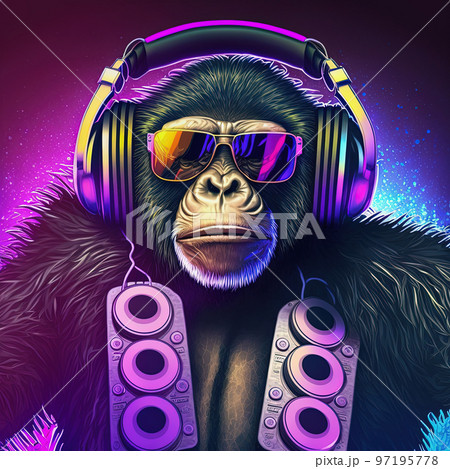 Young DJ monkey, disc jockey monkey in cool...のイラスト素材