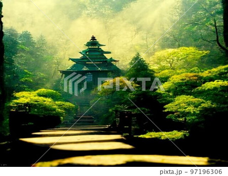 森林の中にあるお寺の晴れた日の庭園 97196306