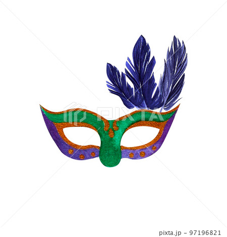 mardi gras mask purple green watercolor. on isolated white background, hand drawn. Perfect for card design, invitation, scrapbooking, fabric printing. 97196821