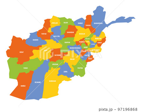 Colorful political map of Afghanistan. Administrative divisions - provinces. Simple flat vector map with labels. 97196868