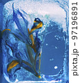 Background of iris flower in ice cube with air bubbles. Consept for spring card 97196891