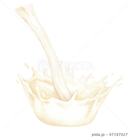 Milk pours out forming a funnel. Cream, pina colada, or other white liquids. Watercolor illustration. Isolated on a white background.For design packaging of dairy products, kitchen products and so on 97197027