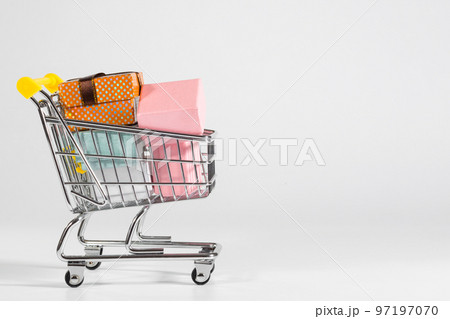 The full cart of gifts, on white a background. Purchases 97197070