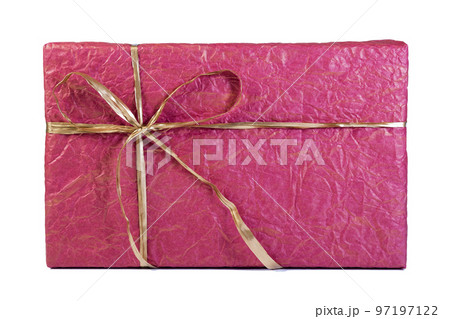 Pink box with a gold tape on the white isolated background 97197122