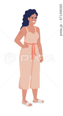 Happy woman in jumpsuit semi flat color vector - Stock