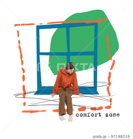 Contemporary art collage. Conceptual design. Feeling lonely. Young girl sitting at home and suffering from depression and inner fears. Concept of psychology 97198219
