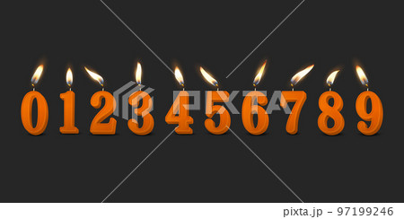 Vector 3d Realistic Paraffin or Wax Burning Orange Birthday Party Candles, Numbers and Different Flame of a Candle Icon Set Isolated. Design Template, Clipart, Birthday Concept. Front View Vector 3d Realistic Paraffin or Wax Burning Orange Birthday Party Candles, Numbers and Different Flame of a Candle Icon Set Isolated. Design Template, Clipart, Birthday Concept. Front View 97199246