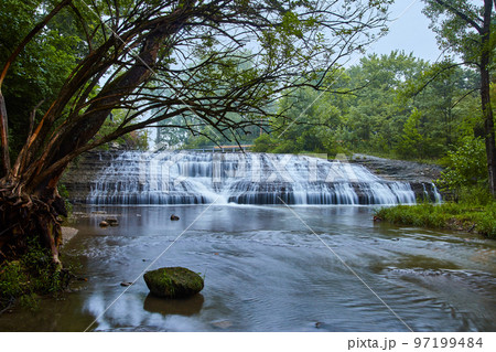 Wide shot of large cascading waterfalls with tree hanging over river and green forest 97199484